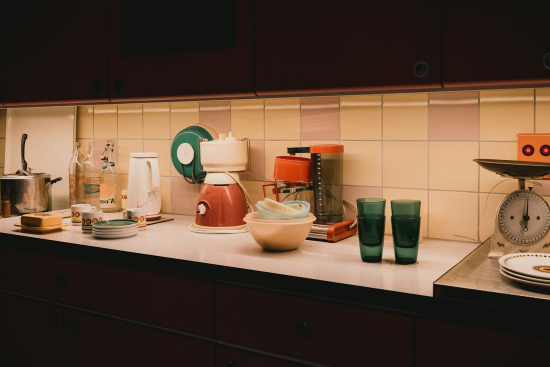 Kitchen counter with appliances and glasses